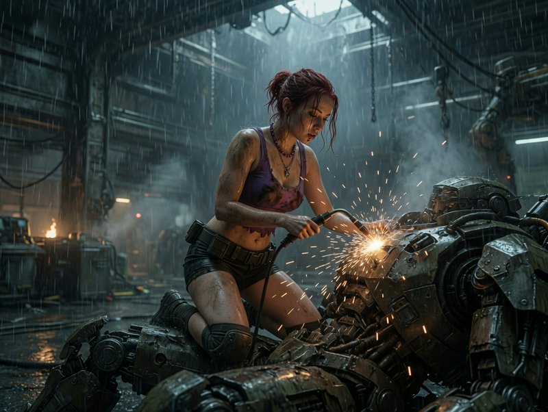 Female scavenger welding a large damaged robot in a rainy, industrial workshop.