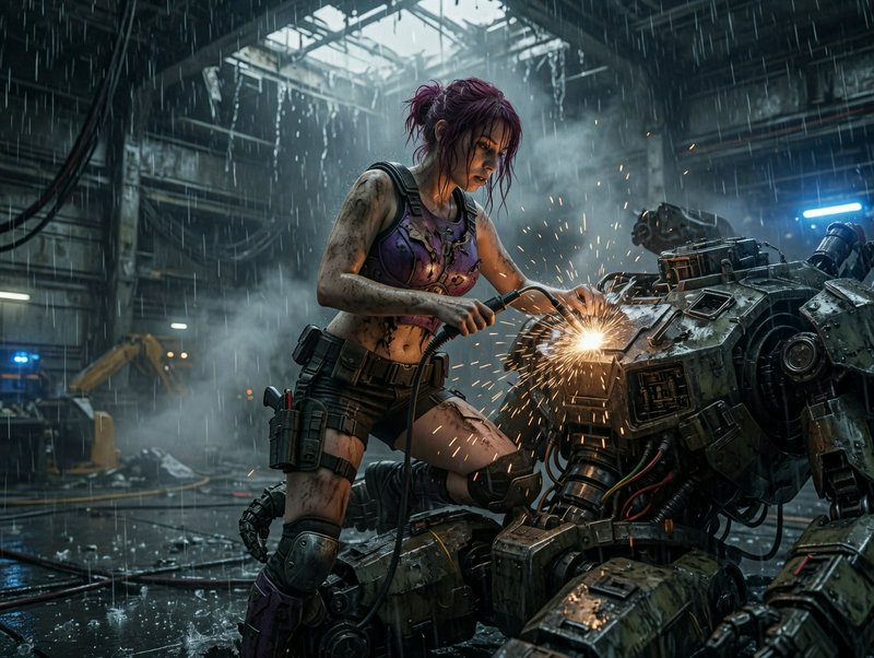 Female sci-fi warrior welding sparks on a large damaged robot in a rainy, industrial workshop.