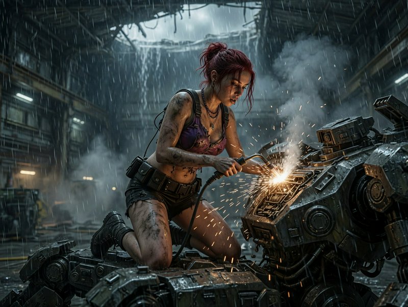 Female fighter mechanic in a rain-soaked, post-apocalyptic workshop repairing a heavy battle mech.