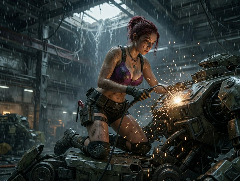 Female warrior in muddy combat gear welding a heavy machine in the rain.
