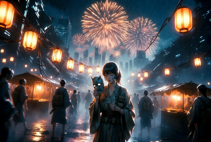 Young woman in traditional attire holding a fox mask at a night market with lanterns and fireworks.