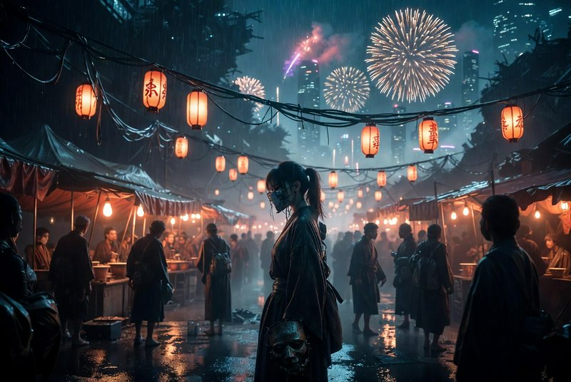 Night market festival at night with lanterns, fireworks, and a masked figure holding a skull.