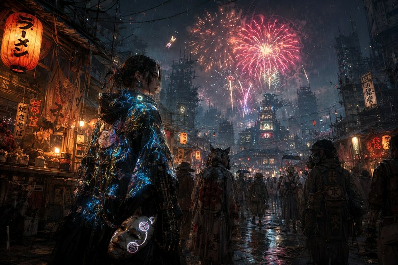 A cyberpunk night scene with a neon-lit crowd, fireworks above, and a woman in glowing, circuitry-adorned attire.