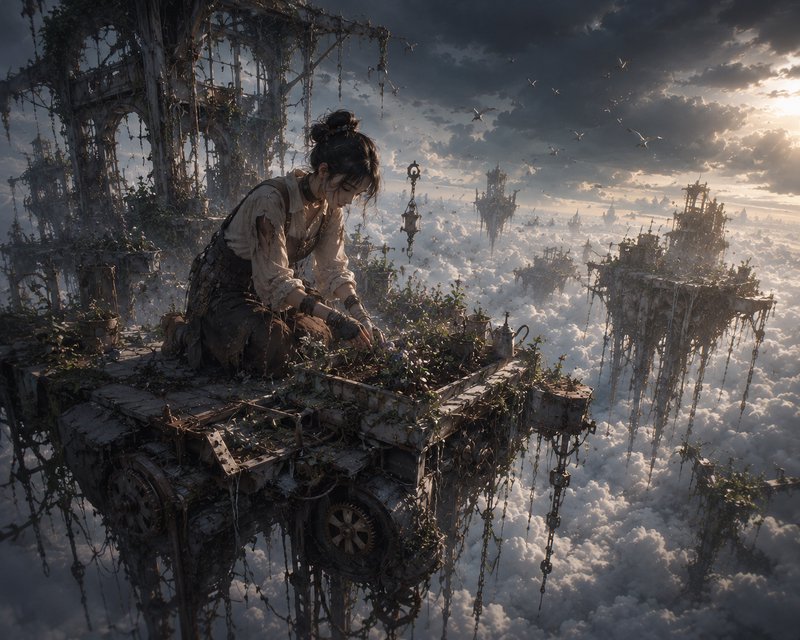 A lone figure crouches on a rusted, vine-covered machine perched among floating ruined structures above the clouds.