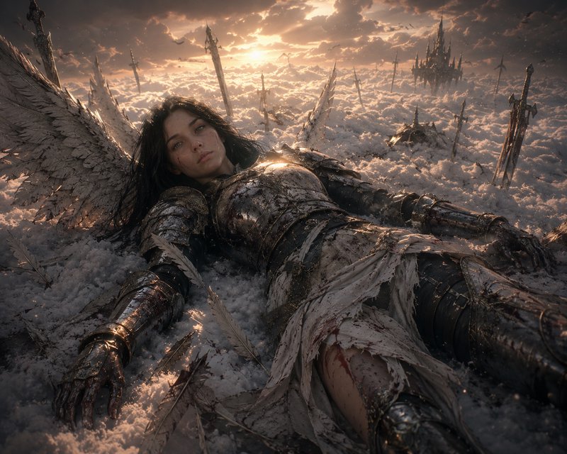 Armored winged warrior woman lying in a snowy battlefield amid ruined swords.