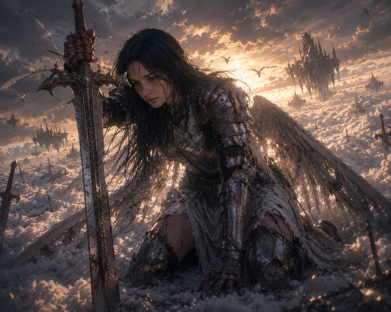 Female armored warrior kneeling in snowy battlefield, gripping a large sword, with ruined spires and sunset in the