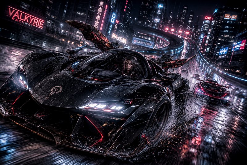 Futuristic black race car sliding through a neon‑lit, rain-soaked city street at night.