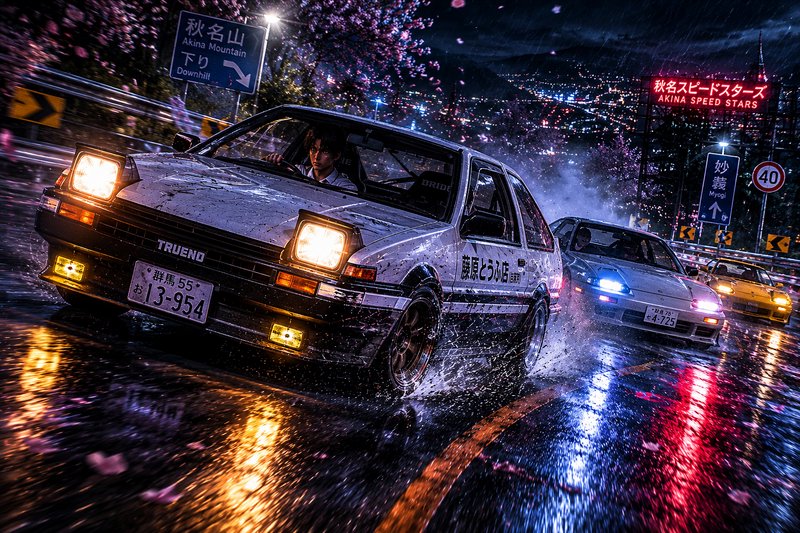 Nighttime street drift scene featuring a white Toyota Trueno AE86 in the foreground with neon ref...