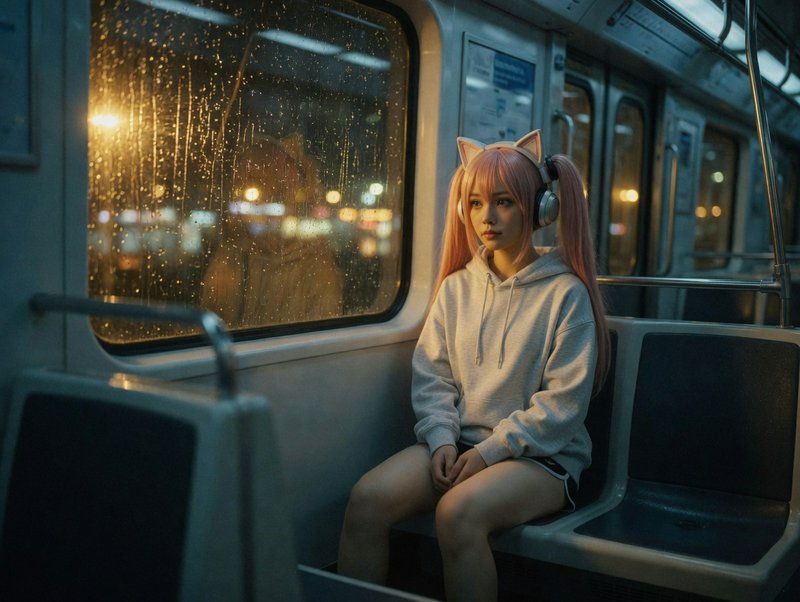 Young person with pink hair and cat-ear headphones sitting on a rainy bus at night.