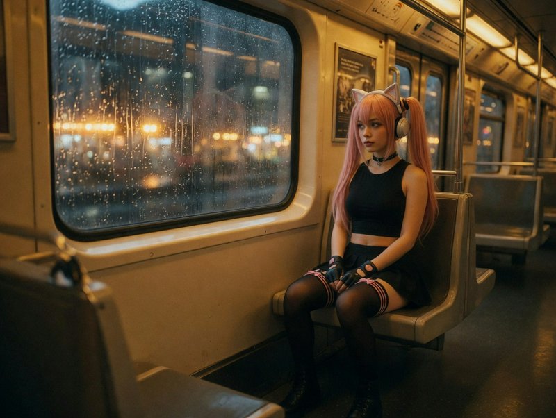 Cosplay girl with pink twin-tail hair and cat-ear headphones sitting on a subway bench at night.