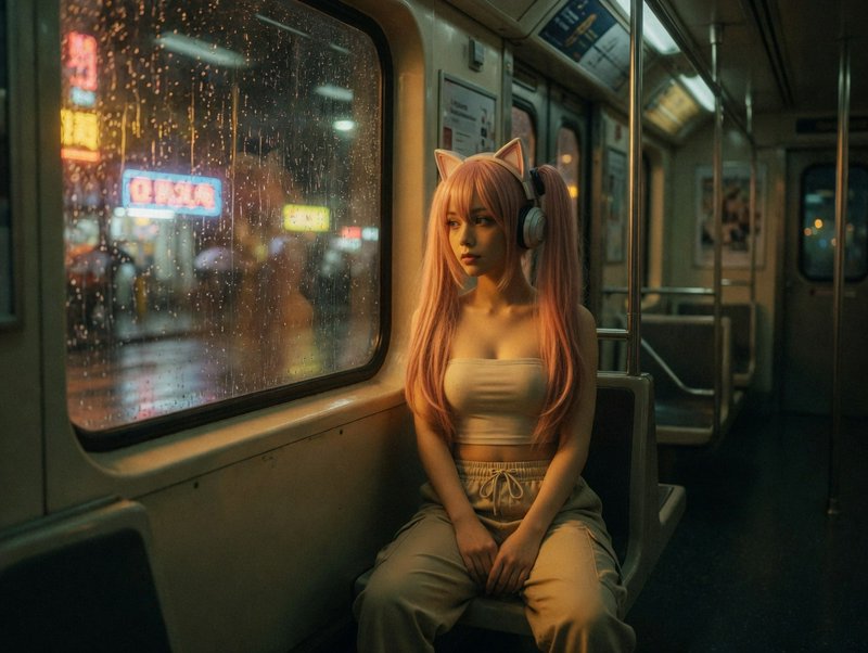 Young woman with pink hair and cat-ear headphones sits on a subway seat at night, rain on the window.
