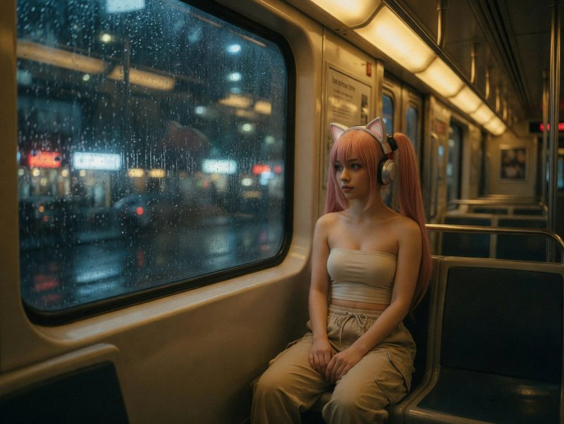 Woman with pink hair wearing cat-ear headphones sits on rainy subway at night.