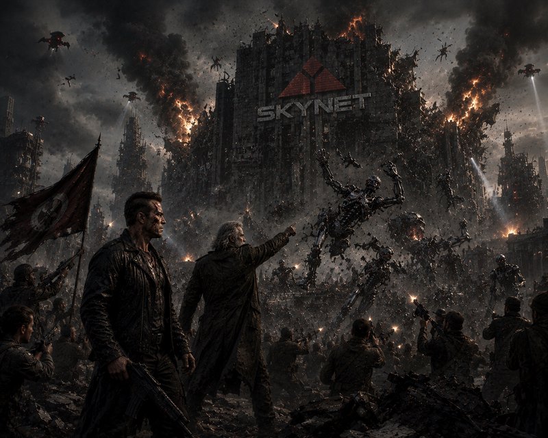 Post-apocalyptic battle scene with a burning city, Skynet emblem on a ruined building, and soldie...