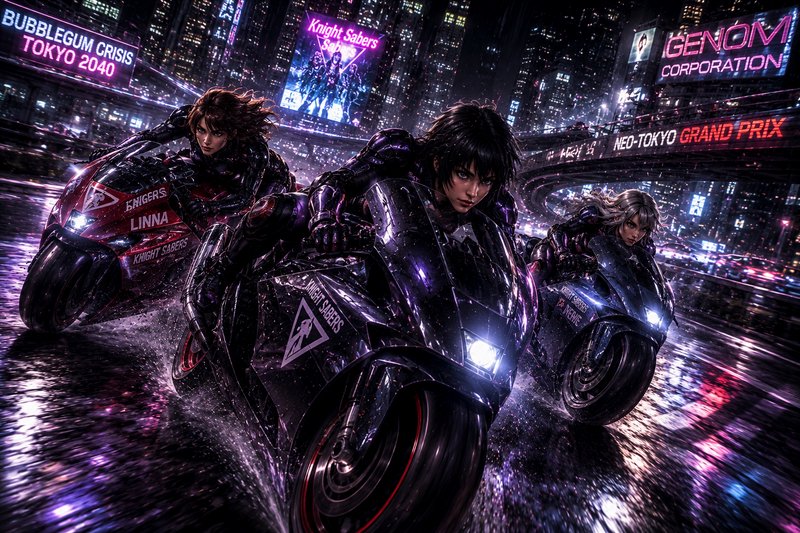 Three futuristic riders on neon-lit motorcycles racing through a rain-soaked cyberpunk city.