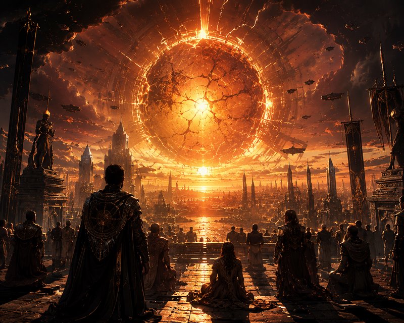 A dark fantasy crowd watches a colossal cracked orange orb looming over a ruined city.