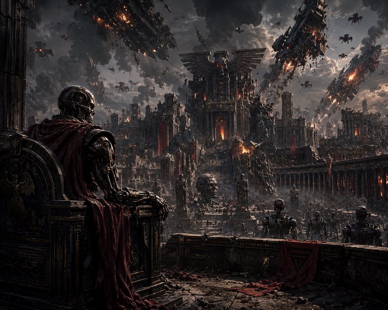 A dark fantasy siege scene featuring a armored throne guardian overlooking a ruined fortress and ...