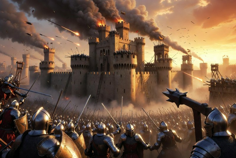 Burning medieval stone fortress under siege at sunset: armored knights storm the walls, as flamin...