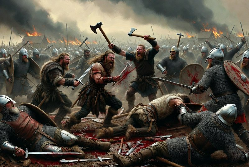 Chaotic Viking battle scene: armored Norse warriors fight with axes and swords on a bloodied batt...