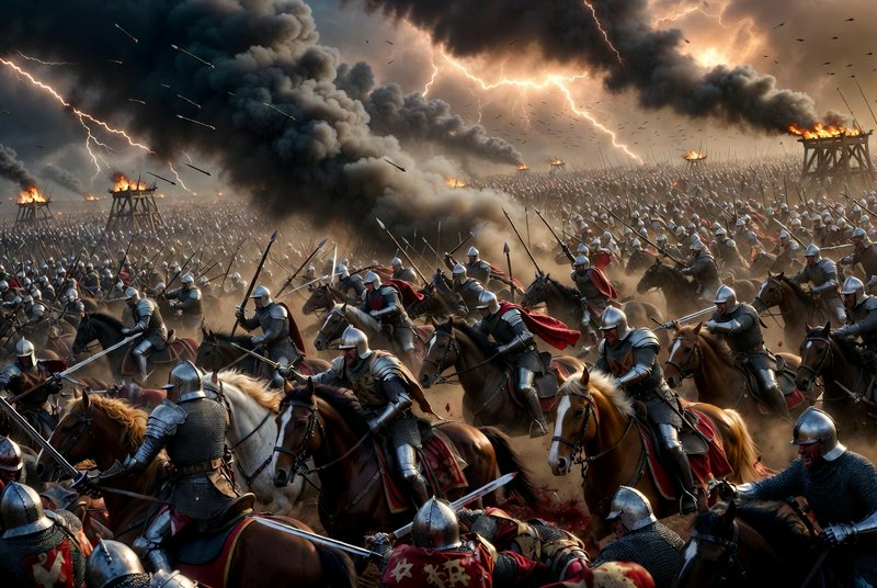 Armored medieval knights on horseback clash in a massive battlefield, with lightning, burning sie...