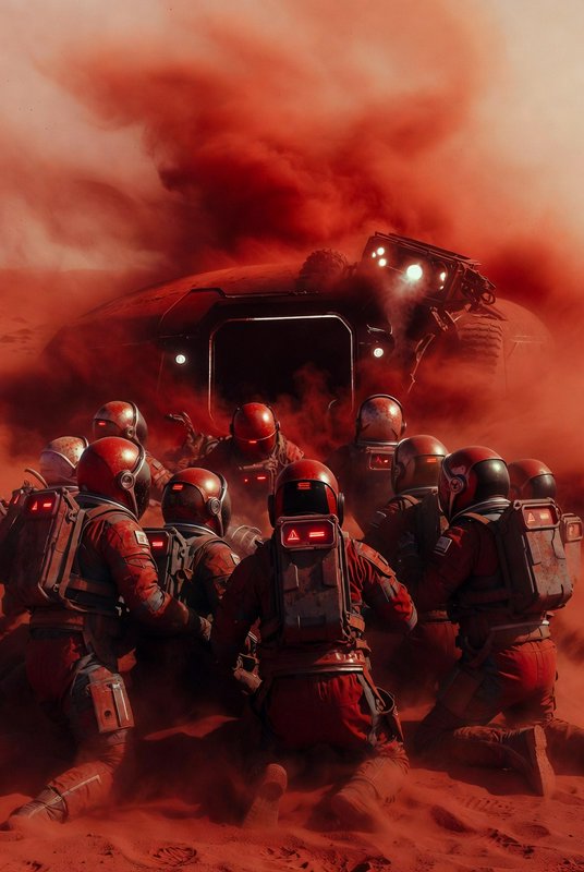 A team of astronauts in red spacesuits kneel before a stranded rover amid a thick red dust storm ...