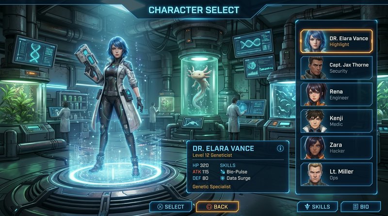 Sci-fi RPG character select screen highlighting Dr. Elara Vance, a geneticist, in a futuristic bi...