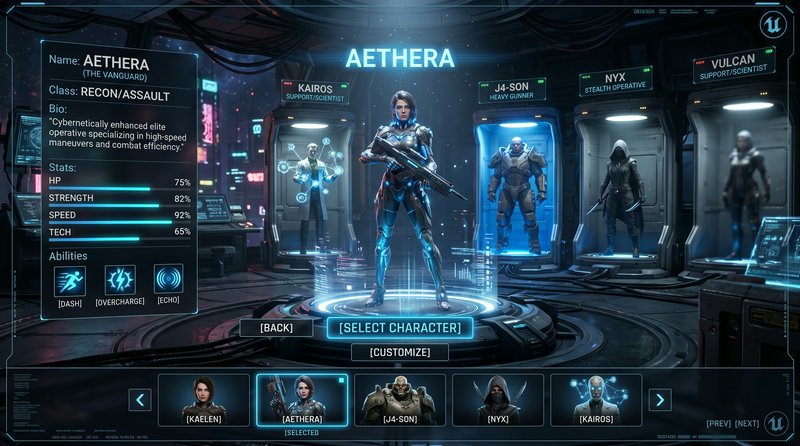 Futuristic sci-fi game character select screen highlighting selected cybernetic recon operative A...