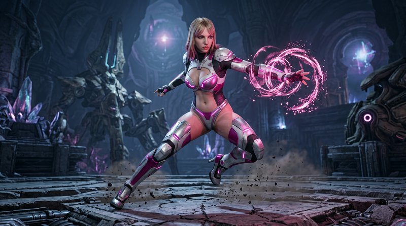 Blonde sci-fi warrior in silver-pink armor conjures glowing pink magic in an alien temple with ro...