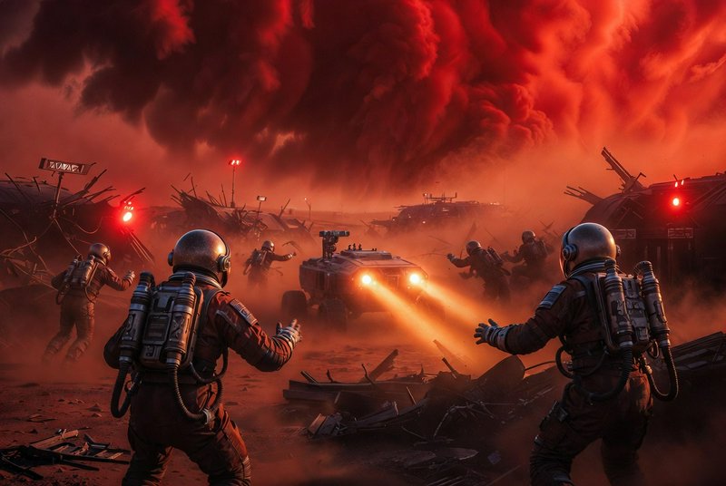 Astronauts gesture toward an arriving rover during a violent red dust storm at a damaged Mars col...