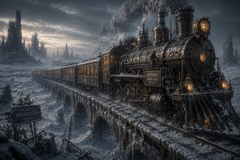 Ornate frost-covered steampunk steam train travels across an icy viaduct over a frozen post-apoca...