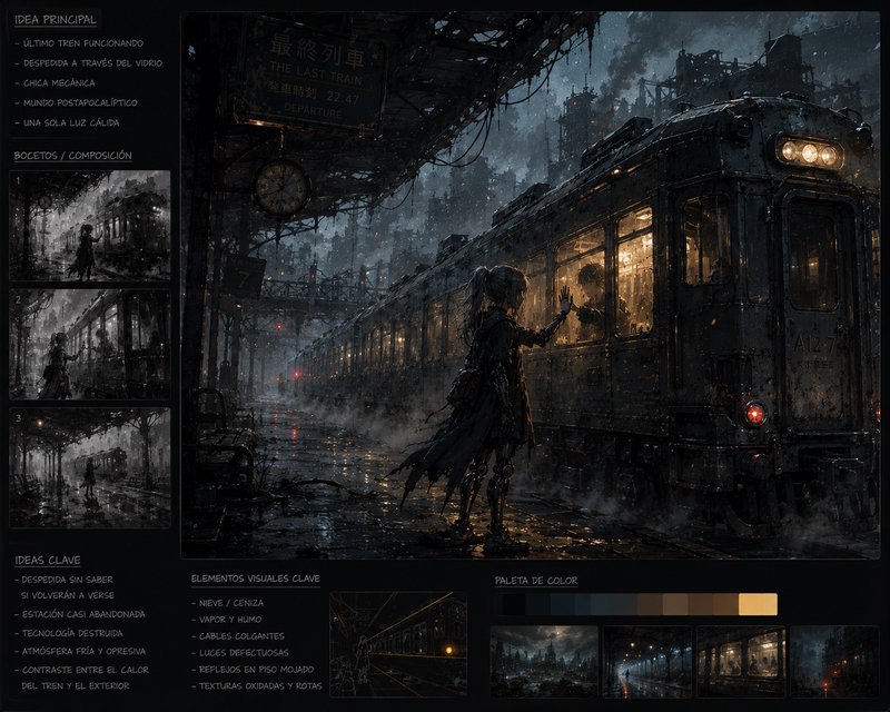 Post-apocalyptic concept art: cyborg girl waves farewell to the last departing train at a rain-so...