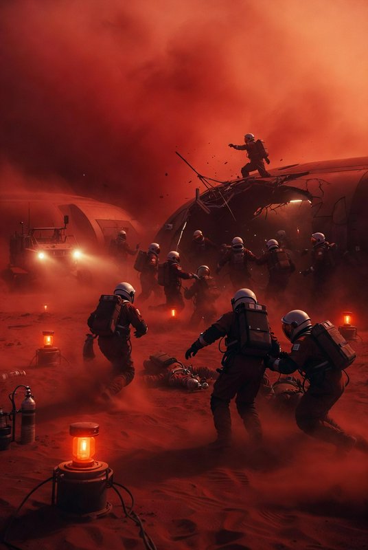 Astronaut crew conducts emergency rescue at a damaged Mars base during a violent red dust storm