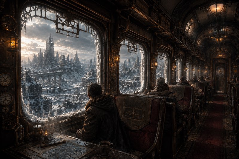Passengers in an ornate steampunk train carriage gaze out at a frozen, snow-covered gothic fantas...