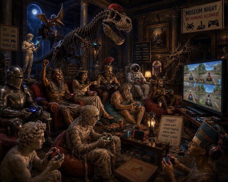 Whimsical after-hours museum scene where exhibits and historic statues gather to play multiplayer...