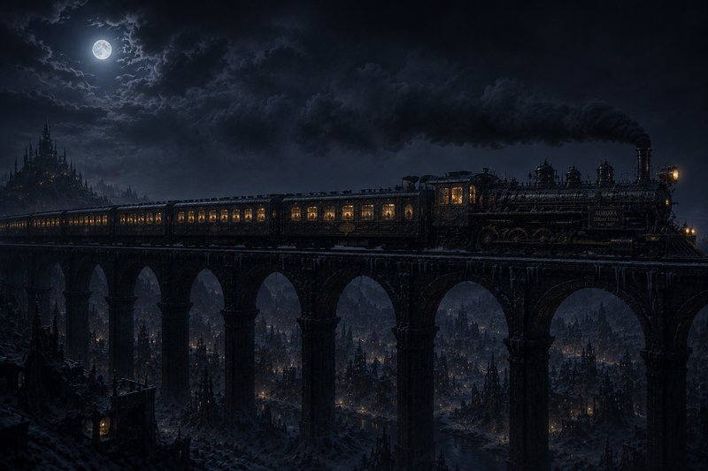 Ornate steampunk steam train crosses an icy stone viaduct under a full moon, overlooking a sprawling gothic fantasy city a...