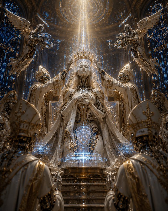 Futuristic cybernetic queen coronation, robotic clergy place a crown as winged mechanical angels ...