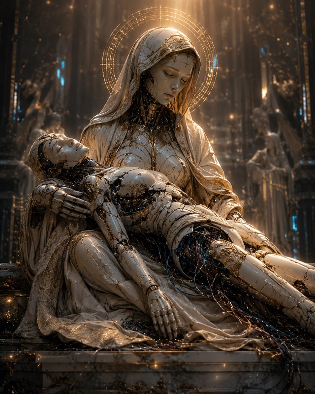 Cyberpunk Pieta: Ivory and gold android Madonna with glowing golden halo holds a damaged fallen r...