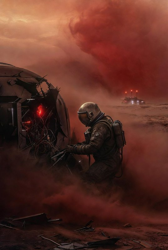 Astronaut in a worn spacesuit repairs wrecked spacecraft amid a red Mars-like dust storm, distant...