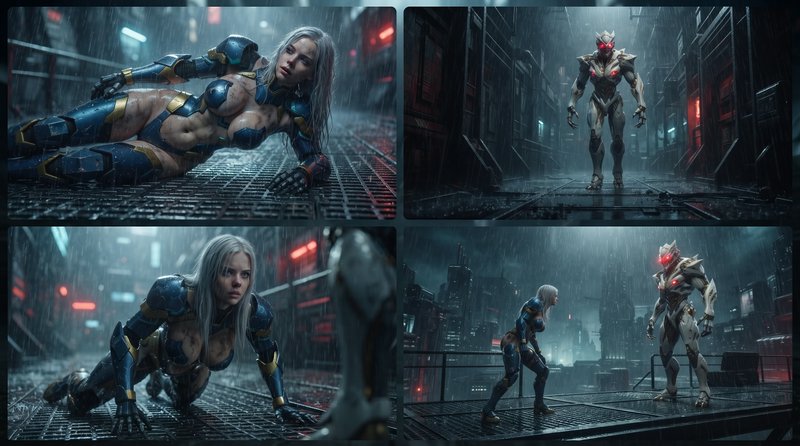 4-panel cinematic cyberpunk storyboard showing armored female sci-fi soldier facing a red-eyed me...
