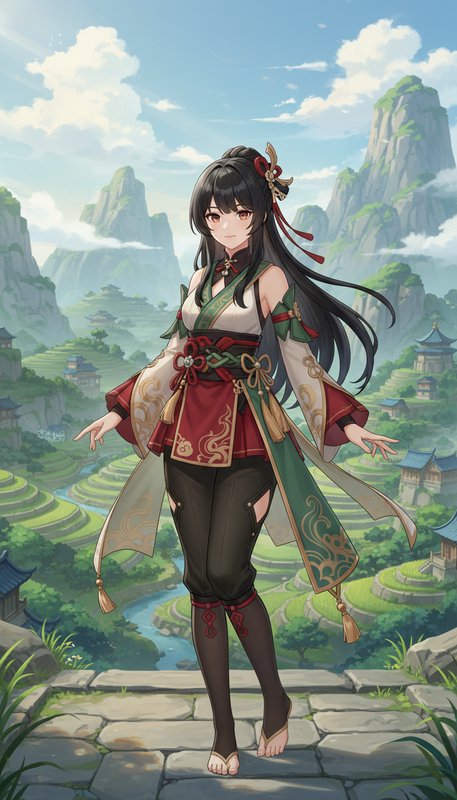 Anime female fantasy character in ornate East Asian attire stands on a stone overlook above a ter...