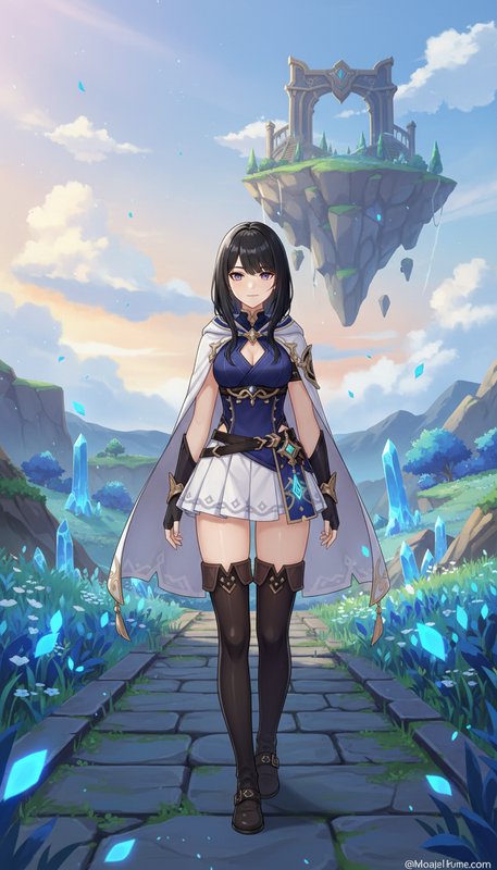 Black-haired anime fantasy adventurer stands on a stone path, with a floating island and glowing ...