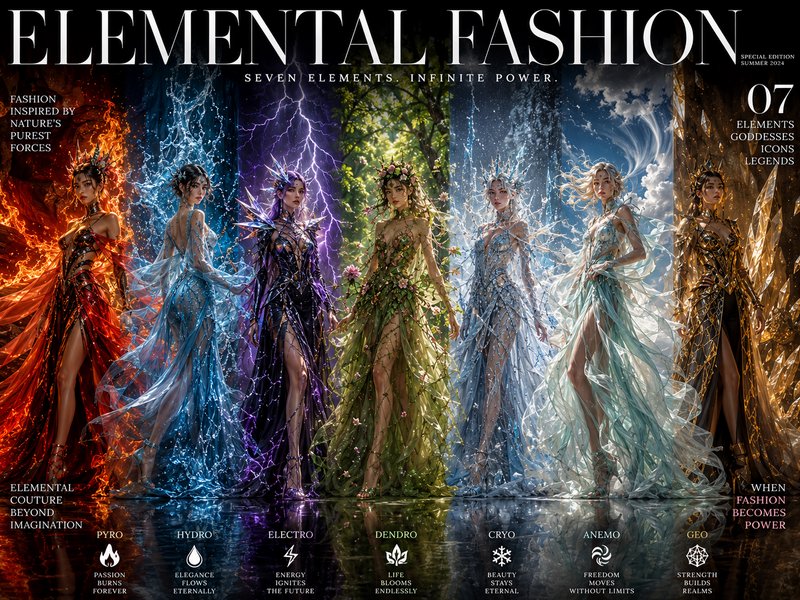 Elemental Fashion magazine cover displaying seven fantasy elemental goddesses in element-themed c...