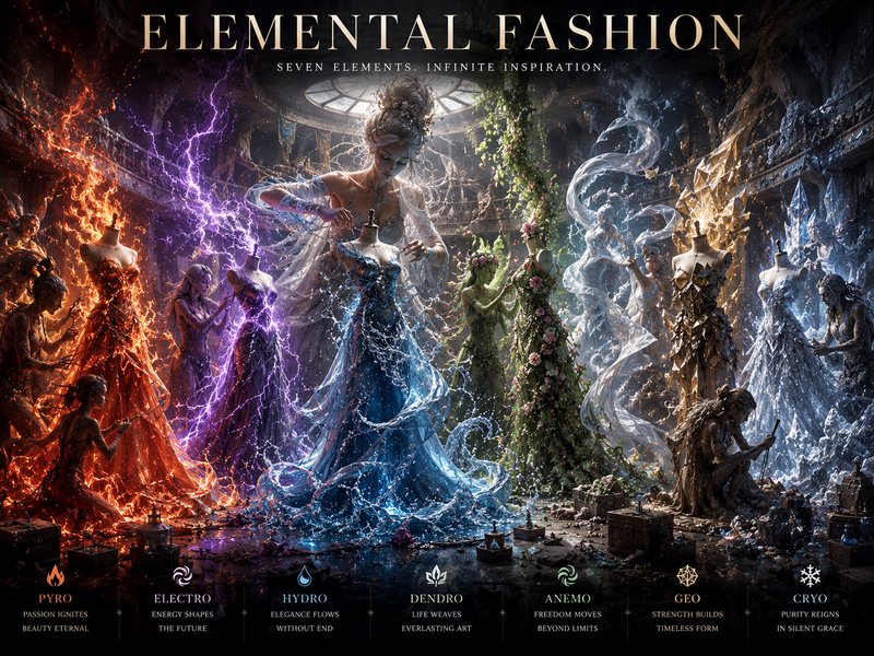 Elemental Fashion fantasy art showing seven element-themed couture gowns crafted by magical seams...