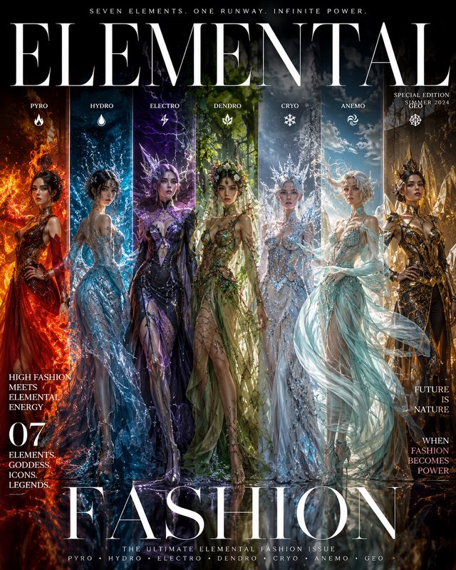 Elemental Fashion magazine cover featuring seven fantasy elemental goddesses in themed couture go...
