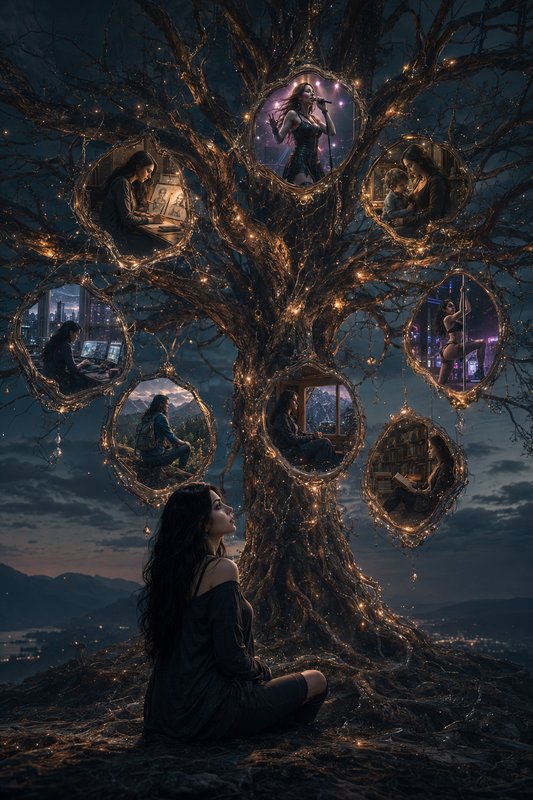 Pensive woman sits before an enchanted glowing tree strung with frames showing alternate versions...