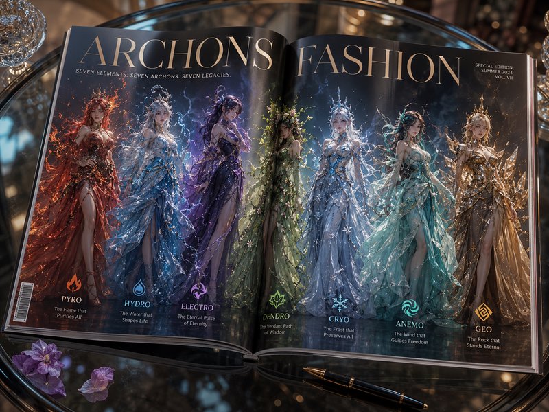 Open Archons Fashion magazine spread displaying 7 elemental fantasy goddess illustrations resting...