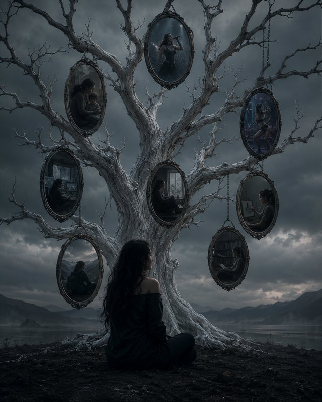 Gothic woman sits before a gnarled bleached dead tree hung with vintage mirrors showing her life ...
