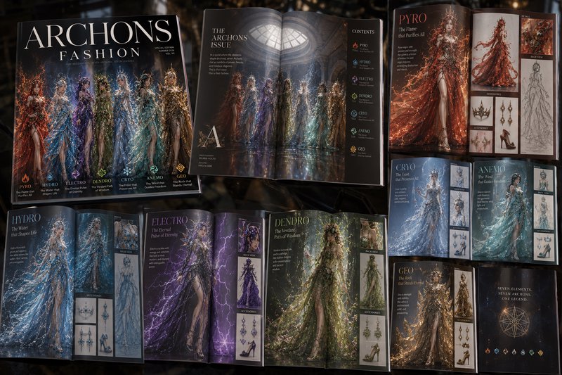 Archons Fashion fantasy magazine spreads displaying elemental couture character concept art and d...