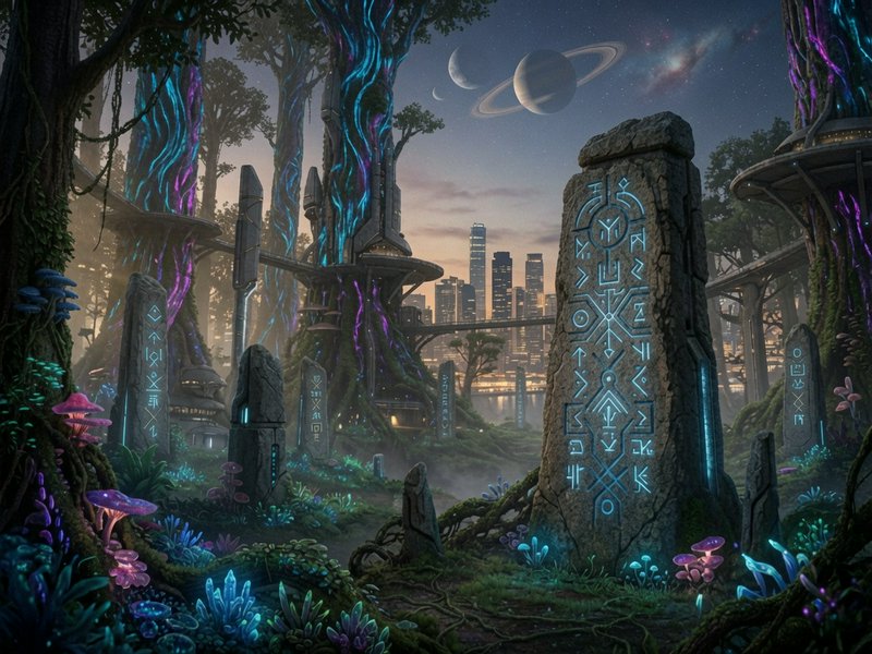 Futuristic alien forest landscape with glowing runestone monoliths, bioluminescent flora, ringed ...