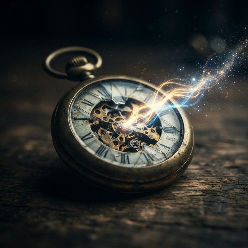 Antique cracked brass pocket watch with glowing swirling magical energy emanating from its gears,...
