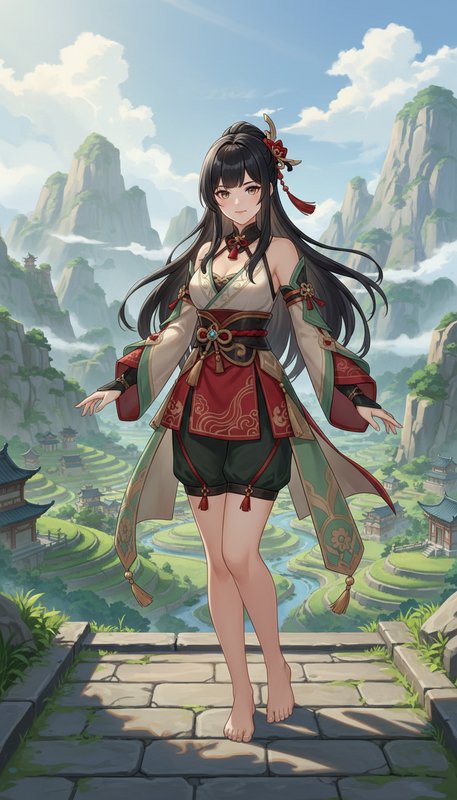 Anime female fantasy character in ornate East Asian attire stands on a stone terrace overlooking ...